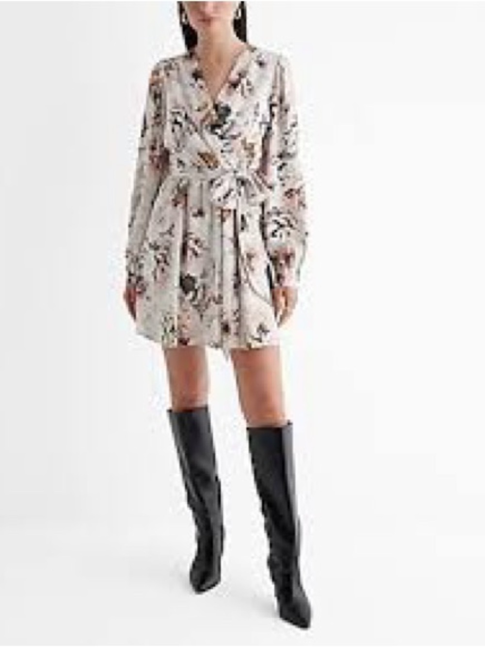 Express Blush Pink Floral Tie-Front Long Sleeve Dress